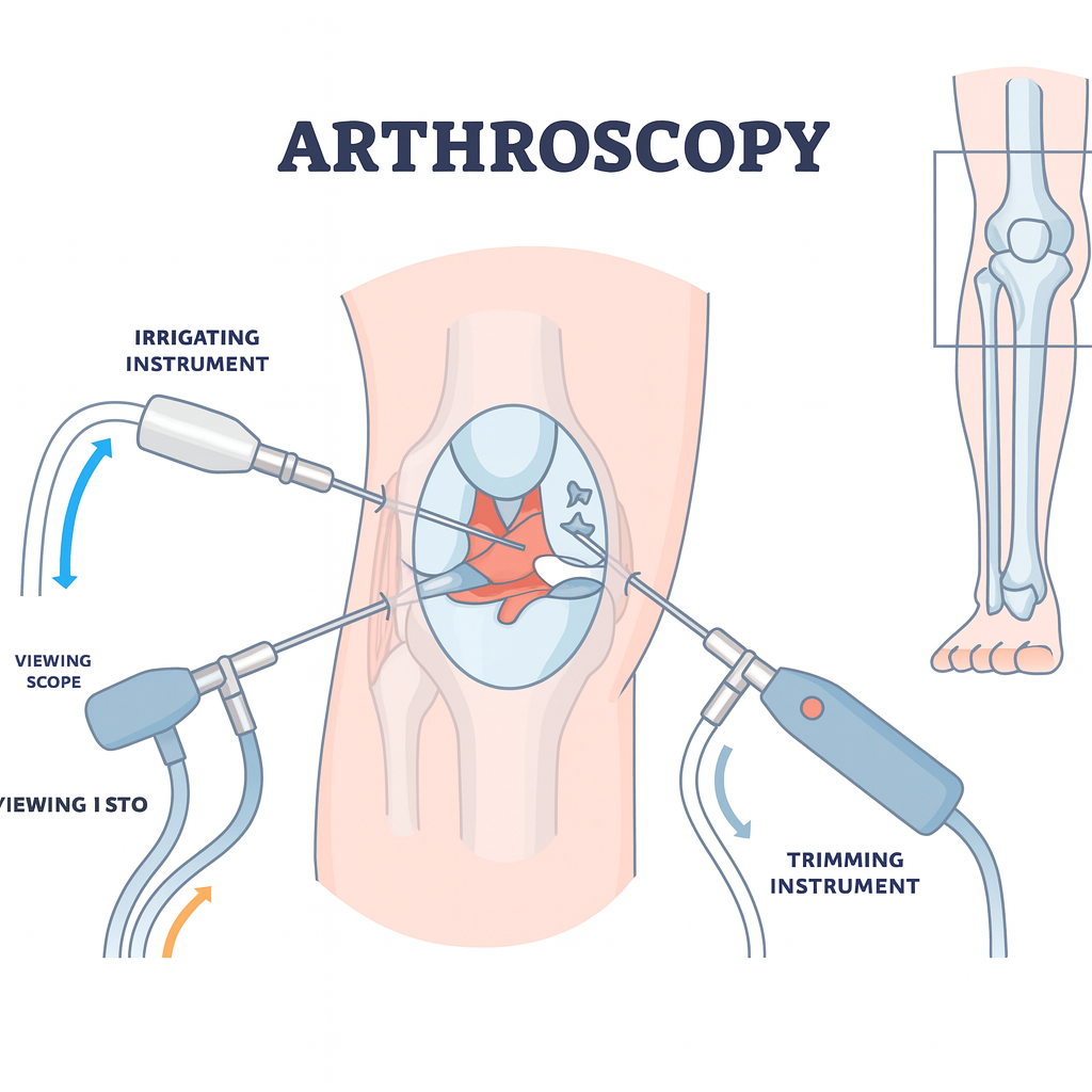 Medical illustration showing knee arthroscopy instruments inside the joint, used for explaining the benefits of arthroscopic surgery.